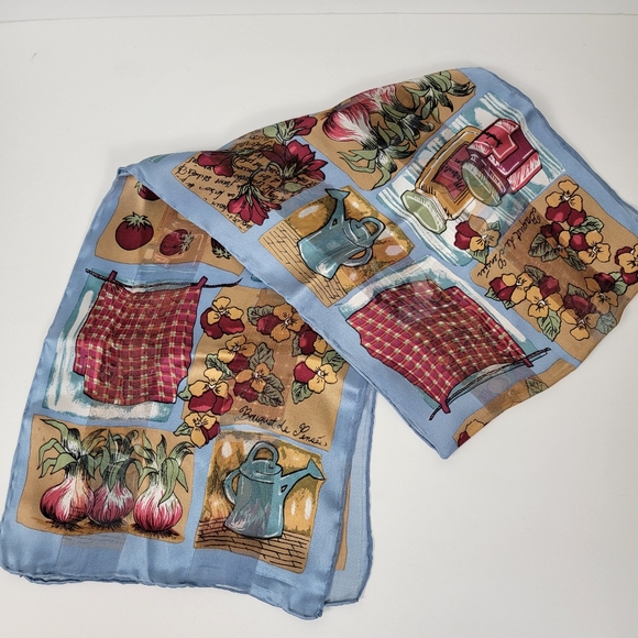 Vintage Silk Scarf Rectangle Sheer Gardening Print Theme Hair Wrap Neck Tie - Picture 4 of 4